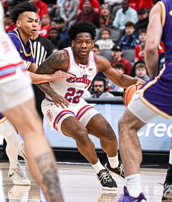 Bradley Braves guard Jaquan Johnson drives into the teeth of the UNI defense during the Braves 73-69 loss to Northern Iowa in the semifinals of the Missouri Valley Conference Tournament at Enterprise Center in St. Louis on March 7, 2026.