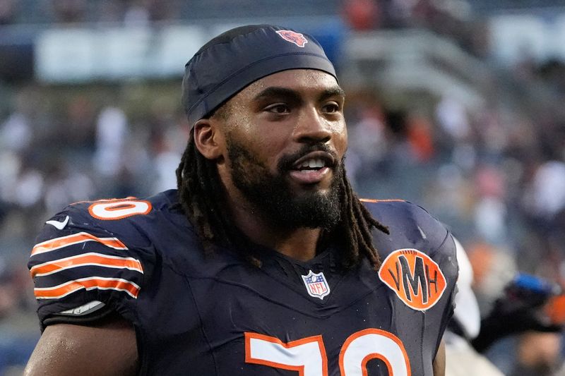 Sep 21, 2025; Chicago, Illinois, USA; Chicago Bears offensive tackle Braxton Jones (70) after the game against the Dallas Cowboys at Soldier Field. Mandatory Credit: David Banks-Imagn Images