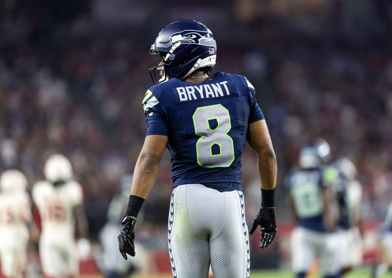Sep 25, 2025; Glendale, Arizona, USA; Detailed view of the jersey of Seattle Seahawks safety Coby Bryant (8) against the Arizona Cardinals at State Farm Stadium. Mandatory Credit: Mark J. Rebilas-Imagn Images
