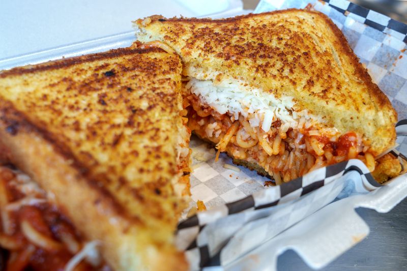 One of Twisted Pasta's signature menu items, the Spaghetti Grilled Cheese Sandwich.