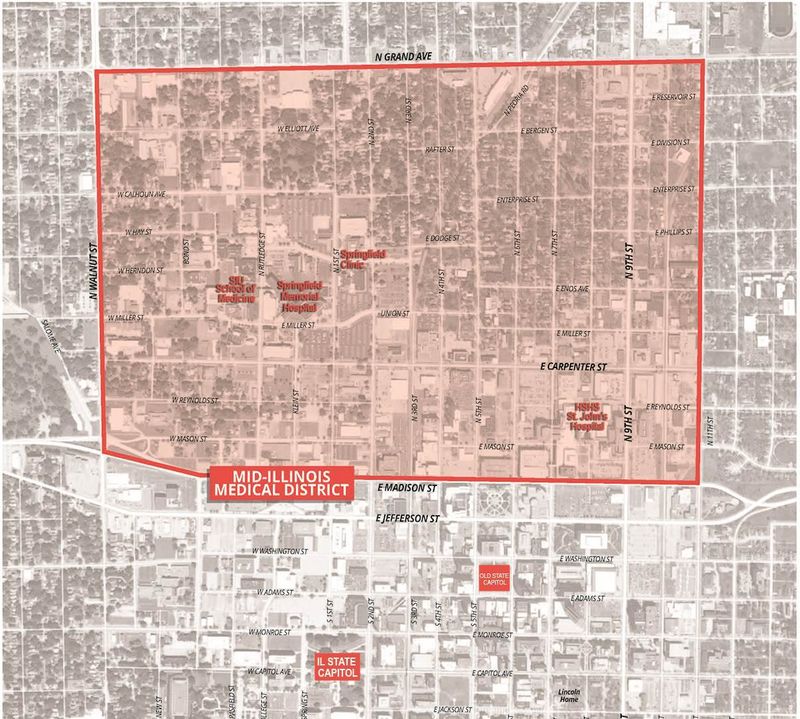The image shows the current boundaries of the Mid-Illinois Medical District.