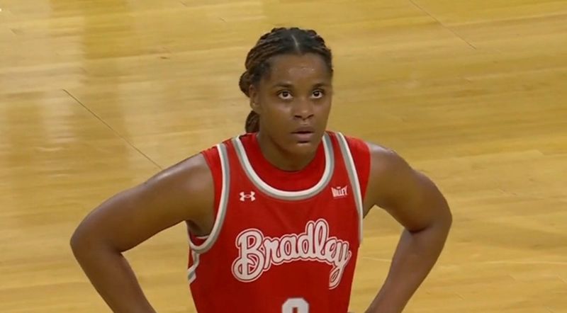 Bradley star guard Kaylen Nelson reacts in the final seconds of a comeback that fell just short, 74-73, to Northern Iowa in the quarterfinals of the women's Missouri Valley Conference Tournament at Coralville, Iowa on March 13, 2026.
