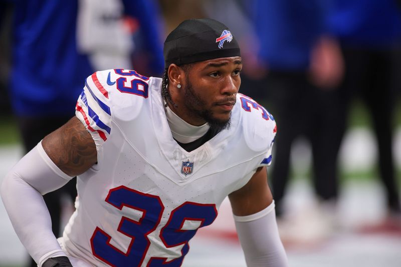 Oct 13, 2025; Atlanta, Georgia, USA; Buffalo Bills cornerback Cam Lewis (39) during a game against the Atlanta Falcons at Mercedes-Benz Stadium. Mandatory Credit: Brett Davis-Imagn Images