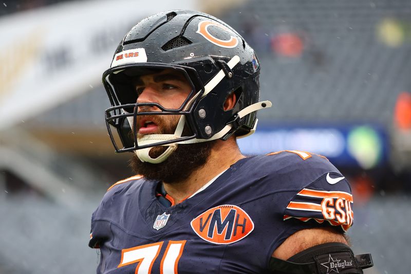 Oct 19, 2025; Chicago, Illinois, USA; Chicago Bears offensive tackle Ryan Bates (71) practices against the New Orleans Saints before the game at Soldier Field. Mandatory Credit: Mike Dinovo-Imagn Images