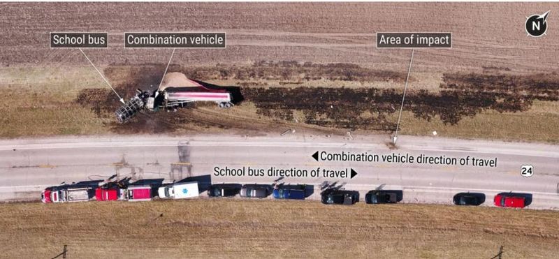 A post-crash aerial image from the March 11, 2024, Rushville-Industry bus crash just outside of Rushville. Five people died in two-vehicle crash, including three students.