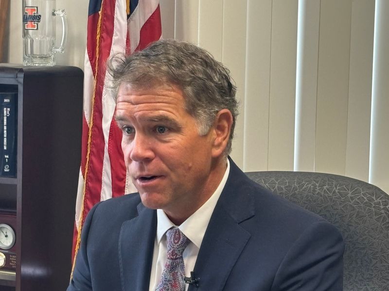 Sangamon County State's Attorney John Milhiser, addressing the media on April 3, 2026, following the sentencing of Cristobal Santana for the attempted murder of Illinois State Police Trooper Dakotah "Kody" Chapman-Green in Springfield in 2023. The Chicago man was sentenced to 95 years behind bars.
