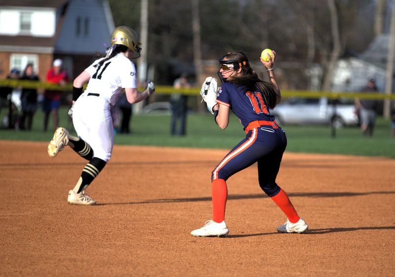 Rochester's Payton Sitko throws to first base for an out against Sacred Heart-Griffin during a Central State Eight Conference softball game on Wednesday, April 8, 2026.