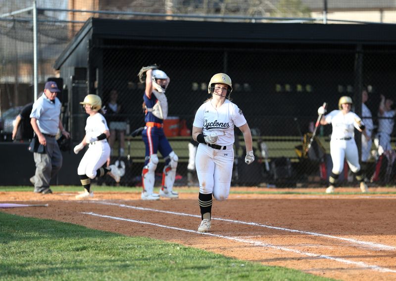 Sacred Heart-Griffin's Lucy Wegner approaches first base for a walk-off single against Rochester during a Central State Eight Conference softball game on Wednesday, April 8, 2026. SHG won 5-4.