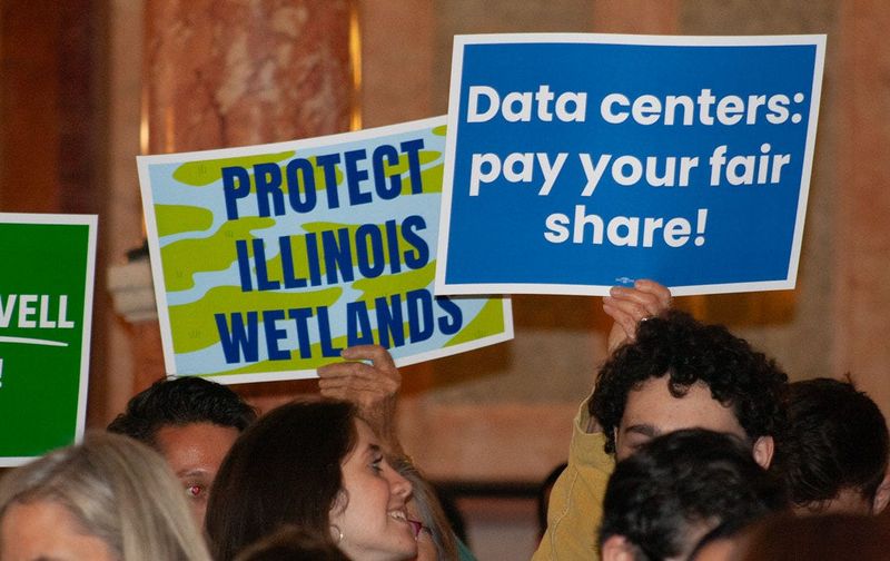 Environmental advocates rally for greater data center regulation in Illinois at the Illinois Capitol on April 8, 2026.