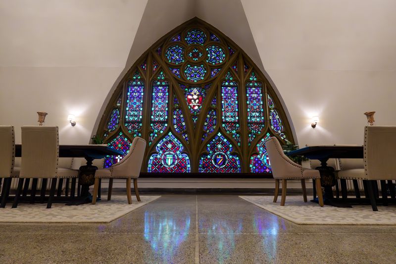 Stained glass windows, including this large piece at the front of the facility can be found throughout the Scottish Rite Theatre in Peoria.