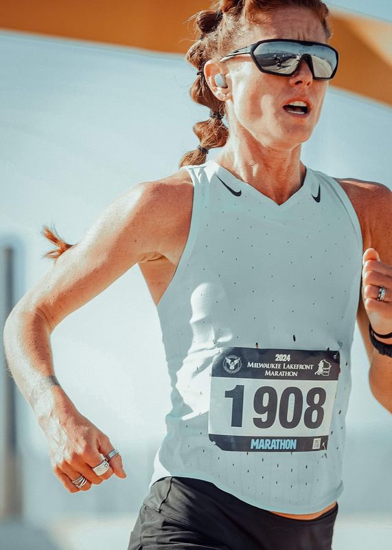 Kaylin Carlson, shown here running in the Milwaukee (Wisconsin) Lakefront Marathon on Oct. 6, 2024, in Milwaukee, is set to run in her first Boston Marathon this Monday.