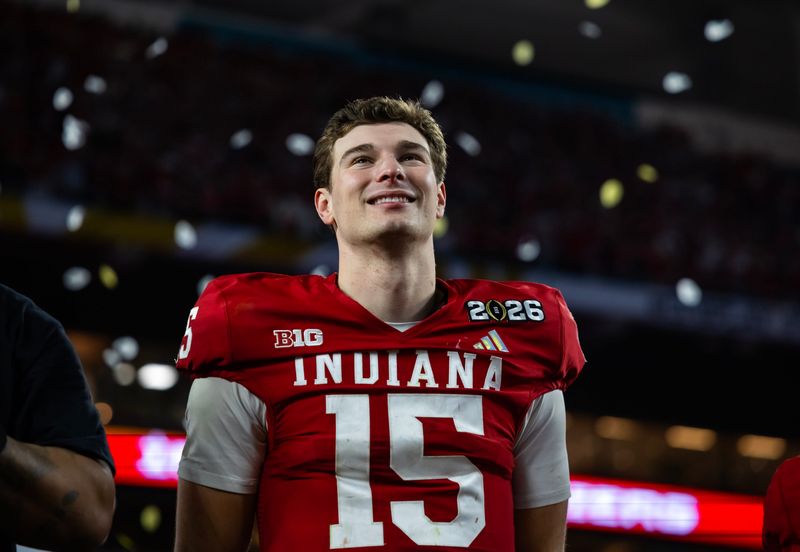 Indiana Hoosiers quarterback Fernando Mendoza (15) celebrates after defeating the Miami Hurricanes in the College Football Playoff National Championship game at Hard Rock Stadium.