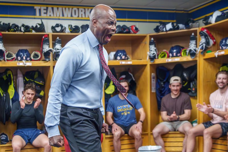 Bradley University Vice President of Intercollegiate Athletics Chris Reynolds, once a standout college basketball star, gives an emotional end to a motivational speech he shared with the Peoria Rivermen after practice Thursday, April 16, 2026 at the Peoria Civic Center. The Rivermen face Knoxville in Game 1 of the SPHL President's Cup semifinals Friday night at Carver Arena.