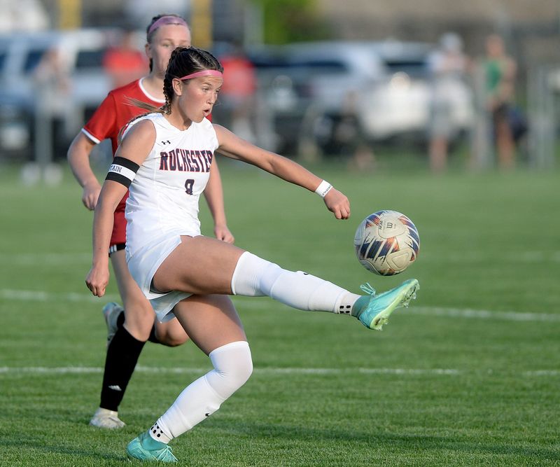 Rochester's Alaina Stock settles the ball during the game against Springfield Thursday, April 23, 2026.