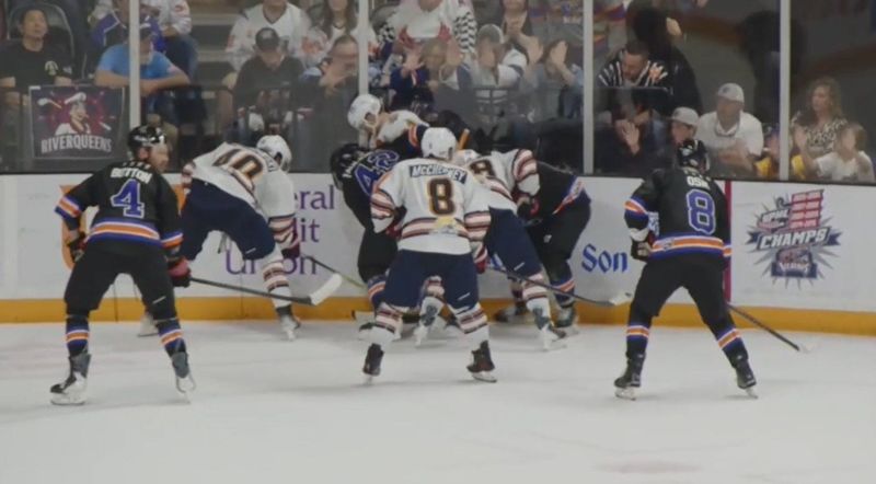 The Peoria Rivermen battle for a loose puck in the corner during their 4-2 loss to Knoxville in Game 3 of the SPHL Semifinals at Knoxville Civic Coliseum on Thursday, April 23, 2026.