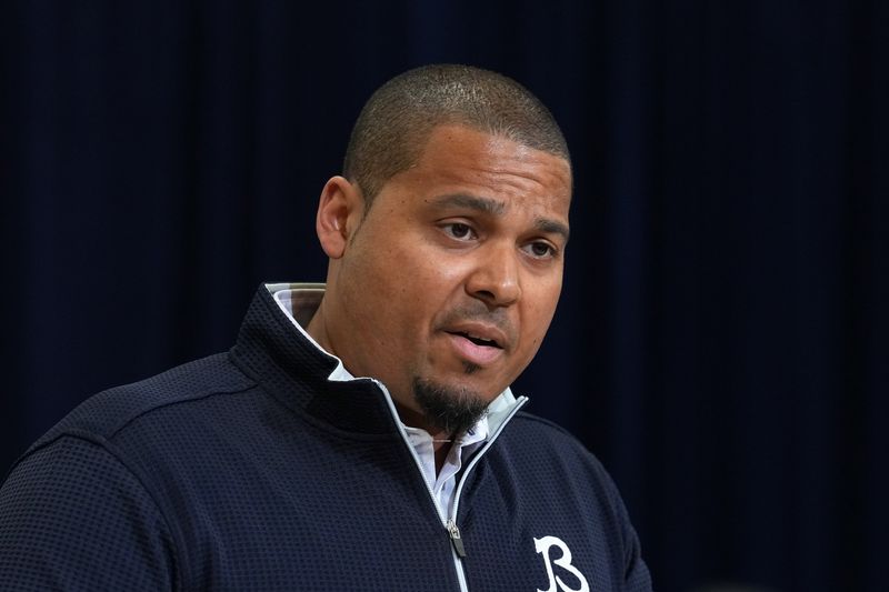Feb 24, 2026; Indianapolis, IN, USA; Chicago Bears general manager Ryan Poles speaks at the NFL Scouting Combine at the Indiana Convention Center. Mandatory Credit: Kirby Lee-Imagn Images