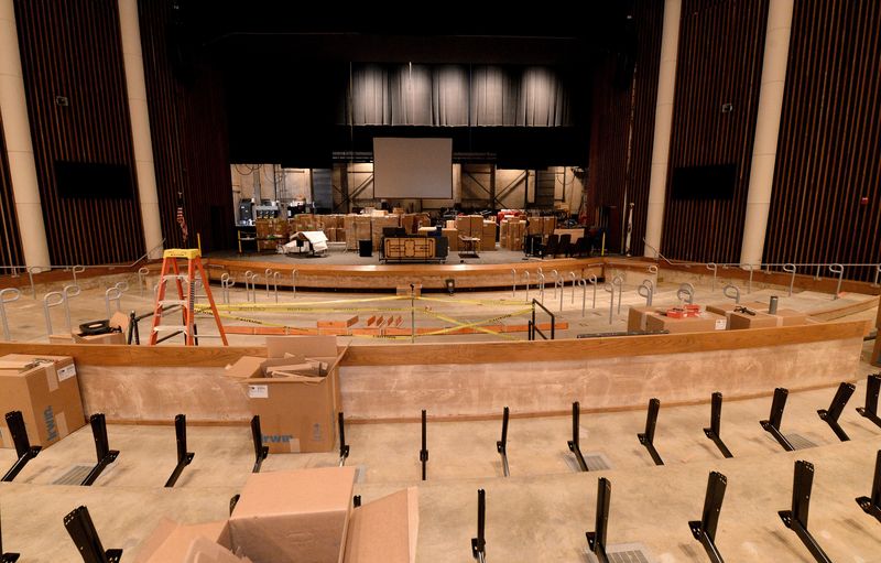 View of the stage under renovation from the seating area at the Public Affairs Center Thursday, April 23, 2026 as part of the renovations of the PAC at the University of Illinois Springfield.