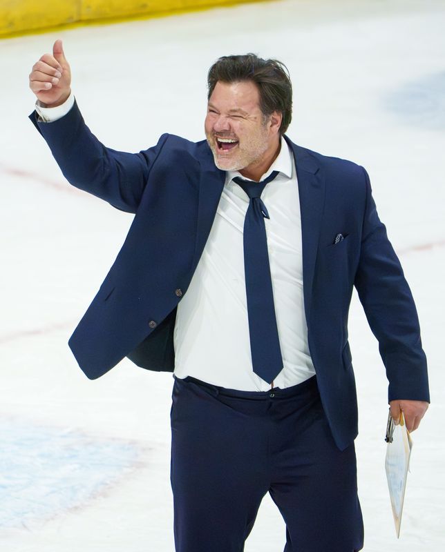 Peoria Rivermen head coach Jean-Guy Trudel gives a thumbs-up to the crowd after his team’s 1-0 shutout of Knoxville in Game 5 of the SPHL President's Cup semifinals Sunday, April 26, 2026 at Carver Arena.
