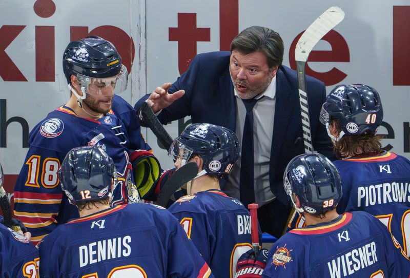 Rivermen head coach Jean-Guy Trudel directs his team against Knoxville late in the third period of Game 5 of the SPHL President's Cup semifinals Sunday, April 26, 2026 at Carver Arena. The Rivermen advanced to the finals with a 1-0 shutout.