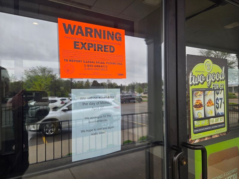 There are several Beef-A-Roo locations in the Rockford area, including this one pictured April 27, 2026, at 1680 N. Alpine Road. The Illinois Department of Revenue has posted signs on the doors of area stores stating that the businesses had expired registrations.