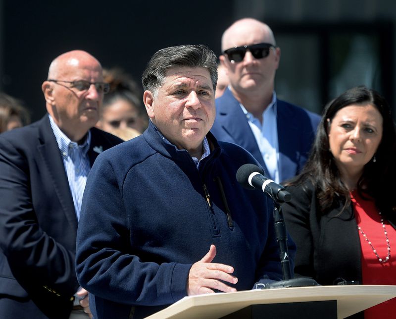 Gov. JB Pritzker speaks during a ribbon cutting ceremony for Scheels Sports Park Tuesday, April 28, 2026.