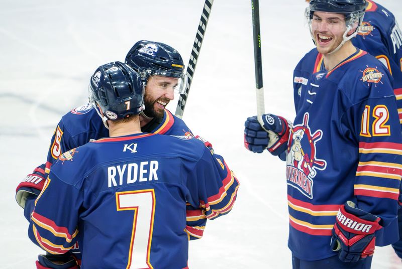 Terry Ryder (7) hugs his brother and teammate Tyler Ryder after Tyler's game-winning overtime goal against Evansville in Game 1 of the SPHL President's Cup finals Thursday, April 30, 2026 at Carver Arena.