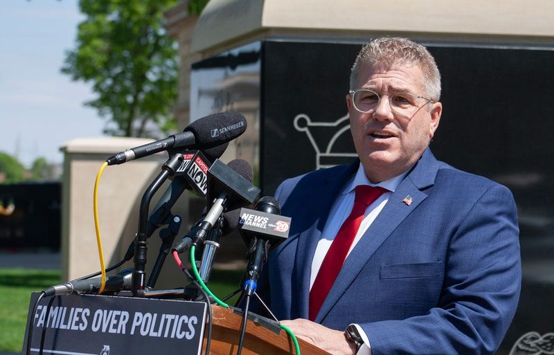 Republican candidate for governor Darren Bailey holds a news conference April 30, 2026, at the Illinois Peace Officers Memorial outside the Illinois Capitol in Springfield.