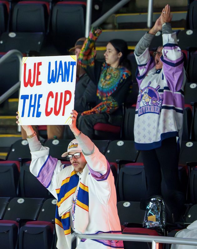 Peoria Rivermen fans in the upper bowl show their support for their team after Game 2 of the SPHL President’s Cup Finals on Friday, May 1, 2026 at Carver Arena. The Rivermen took a 2-0 lead in the series with a 5-1 rout of the Evansville Thunderbolts.