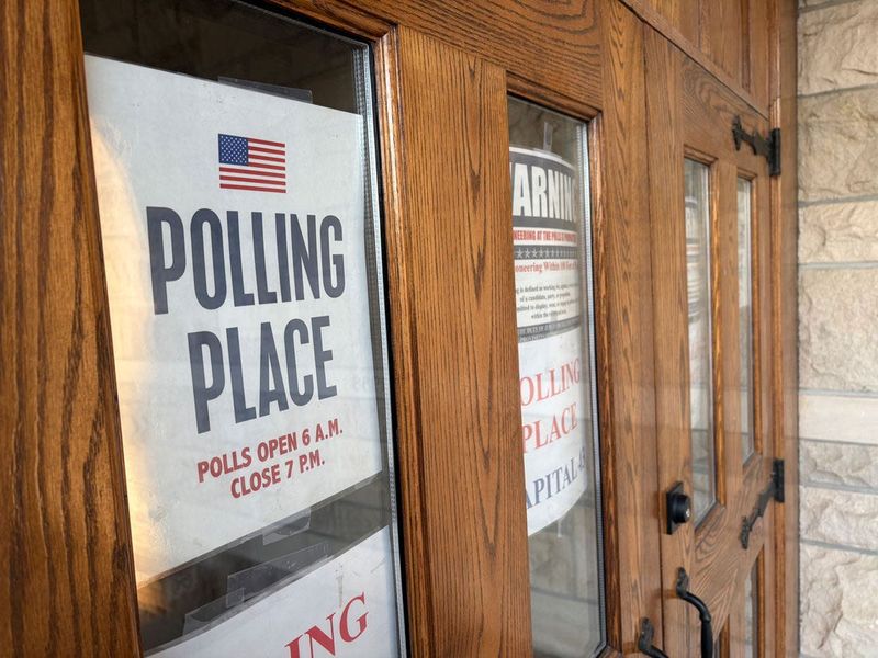 A sign marks a polling place in Springfield, Illinois.