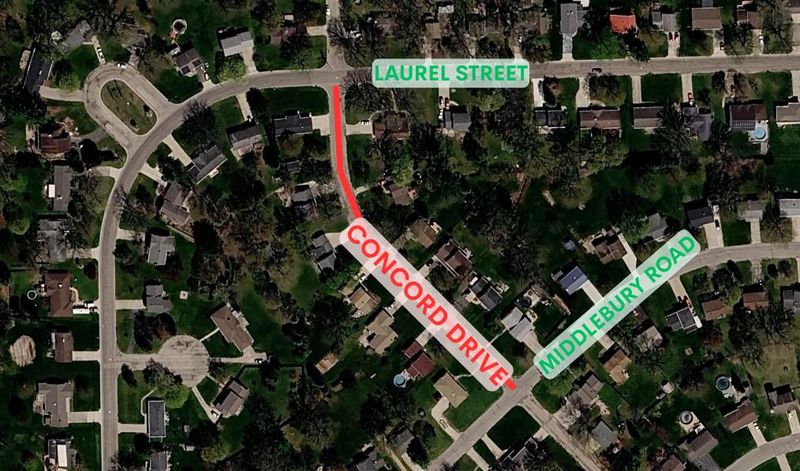 Concord Drive will close May 4 between Laurel Street and Middlebury Road for road work expected to last through June.