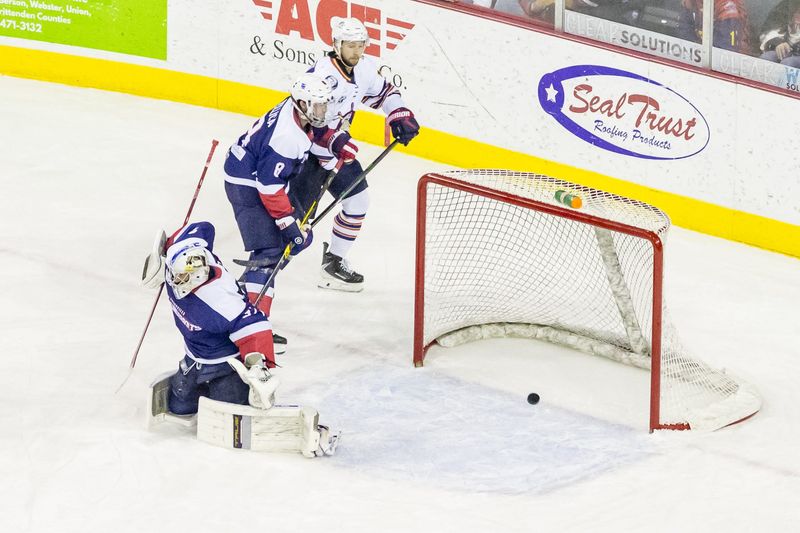 The Peoria Rivermen didn't score here as the puck stopped short of the goal line during a 3-1 loss to Evansville in Game 4 of the SPHL President's Cup Finals at Ford Center on May 7, 2026.