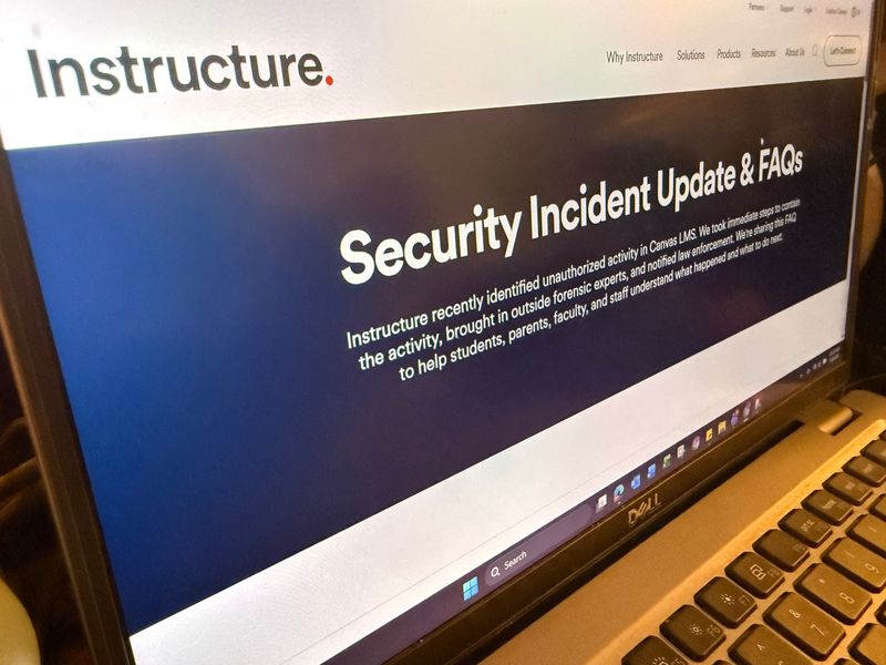 A security update is shown on the Instructure website at 11:30 a.m. Friday, May 8, 2026. (Jenny Porter Tilley / IndyStar)