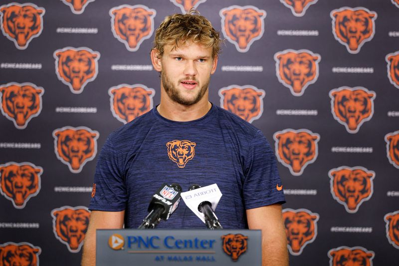 May 8, 2026; Lake Forest, IL, USA; Chicago Bears tight end Sam Roush (87) speaks during Rookie Minicamp at Halas Hall. Mandatory Credit: Kamil Krzaczynski-Imagn Images