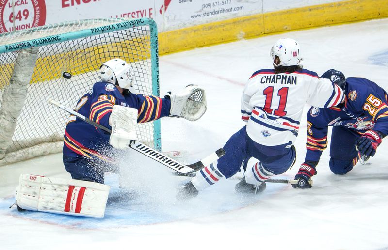 Evansville’s Isaac Chapman (11) puts the puck past Peoria goaltender Nick Latinovich for a goal in the first period of Game 5 of the SPHL President’s Cup on Saturday, May 9, 2026 at Carver Arena.