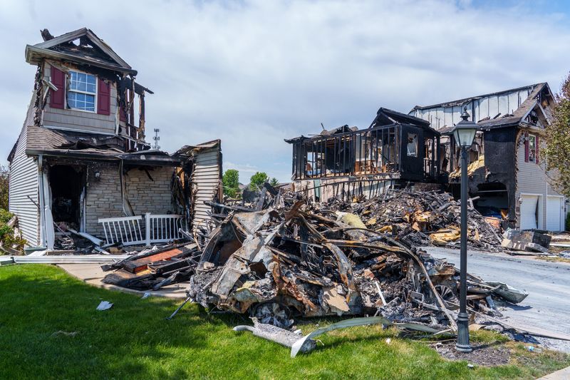 A destroyed vehicle sits in front of a multi-unit residential building in the 900 block of Mallard Way that exploded early Sunday, May 10, 2026 in Washington.