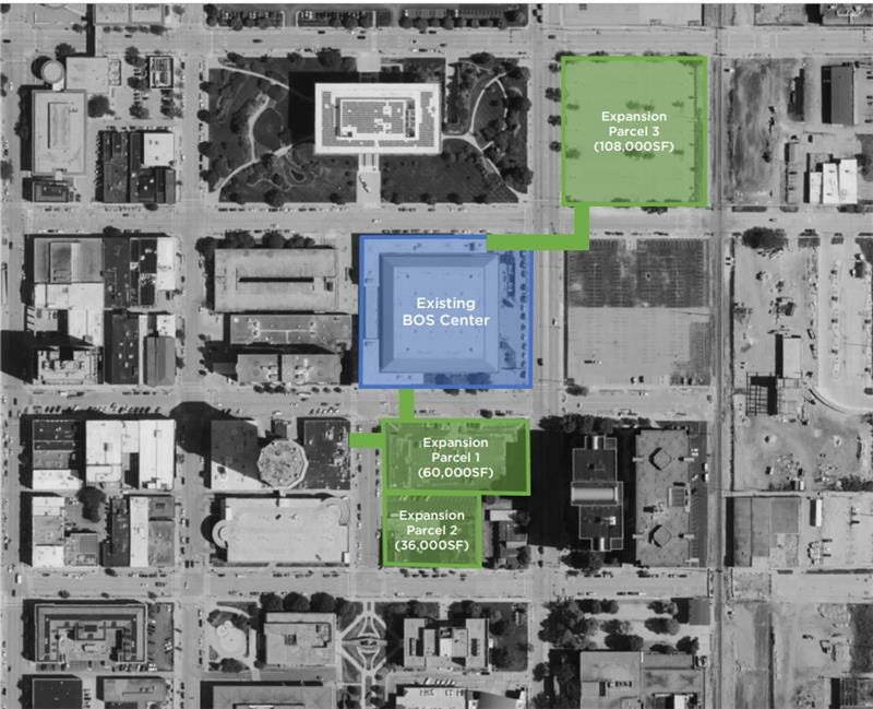 The map illustrates options for a BoS Center expansion and potential new full-service headquarters hotel development.
