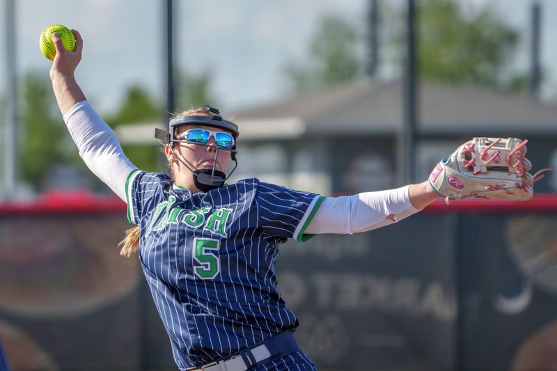 Peoria Notre Dame pitcher Lexi Dallinger-Eaker throws against Richwoods during their high school softball game Wednesday, May 13, 2026 at the Louisville Slugger Complex in Peoria. The Irish defeated the Knights 2-0.