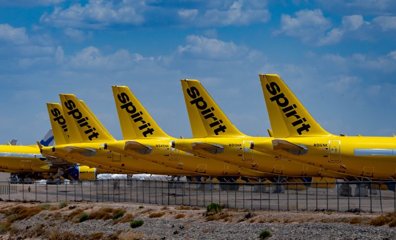 Out-of-service Spirit Airlines aircraft rest at Phoenix Goodyear Airport in Goodyear on May 2, 2026.