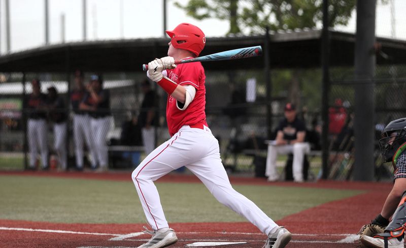 Jacksonville's Jack Rohlk hits the go-ahead 3-RBI triple in the sixth inning in a 7-6 Central State Eight Conference baseball victory over Rochester at the Future Champions Sports Complex on Tuesday, May 12, 2026.