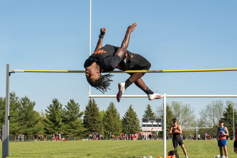 Winnebago's Myles Smith set a new school record when he cleared the high jump bar set at 6-foot-8 1/4 during the Big Northern Conference meet on May 7, 2026, in Winnebago.