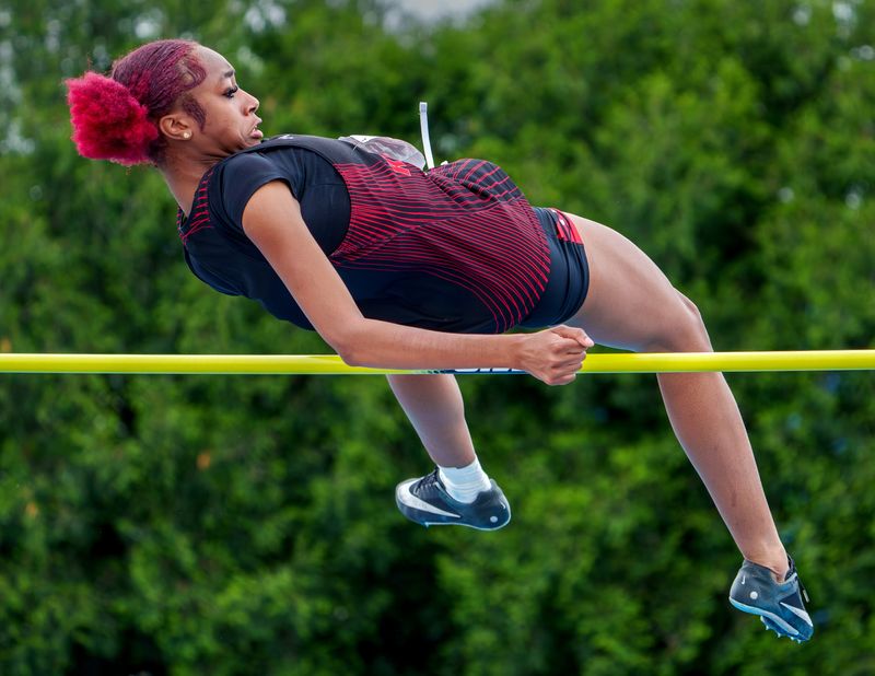 Rockford Auburn's Jaeda Benford leaps to a state title in the high jump at the IHSA Class 3A State Track and Field Championships at Eastern Illinois University in Charleston.