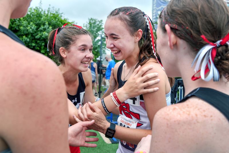 The Stark County 4X800-relay team celebrates their come-from-behind victory for a Class 1A state title Saturday, May 23, 2026 at the IHSA State Track and Field Championships at Eastern Illinois University in Charleston.