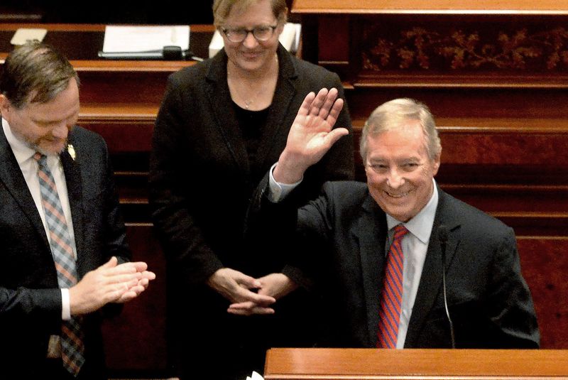 U.S. Sen. Dick Durbin, D-Illinois, waves good-bye after finishing a farewell address to a joint session of the Illinois legislature at the Illinois Capitol on Wednesday, May 27, 2026.