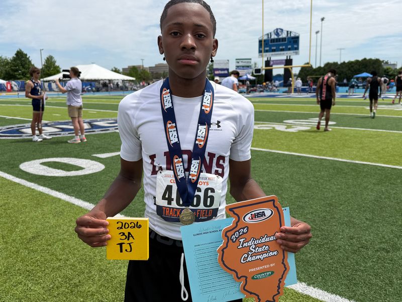 Peoria High School senior Malik Johnson won a state championship in the triple jump at the IHSA boys track and field state finals in Charleston on May 30, 2026.