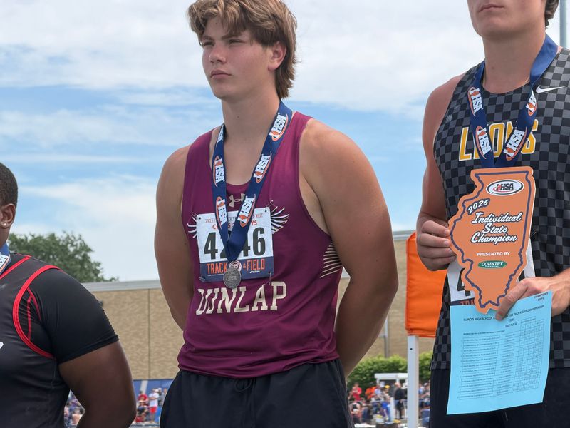 Dunlap High School sophomore Patrick Peterson won the class 3A discus state title and was runner-up in shot put at the IHSA boys track and field state finals at Eastern Illinois University on May 30, 2026.