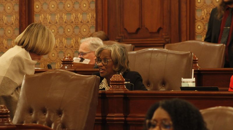 Sen. Doris Turner, D-Springfield celebrates on the passage House Bill 4496 through the senate, expanding the Mid-Illinois Medical District and the Capital Tourism Authority during spring session May 31, 2026.