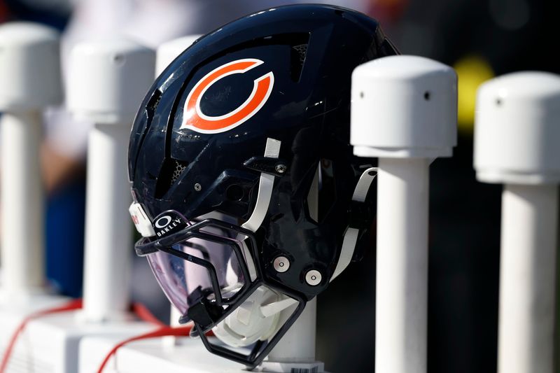 Oct 26, 2025; Baltimore, Maryland, USA; A Chicago Bears player's helmet on the bench against the Baltimore Ravens at M&T Bank Stadium. Mandatory Credit: Geoff Burke-Imagn Images