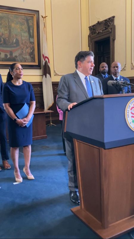Gov. JB Pritzker talks with reporters following passage of the fiscal year 2027 budget on June 1, 2026, in Springfield.