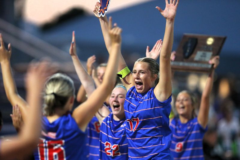 Bailey Leach, celebrating Pleasant Plains' 2-0 win over Rock Island Alleman in the Class 1A Williamsville Supersectional, scored two goals to help the Cardinals beat Johnsburg 5-1 in the Class 1A girls soccer state semifinals on Thursday, June 4, 2026.