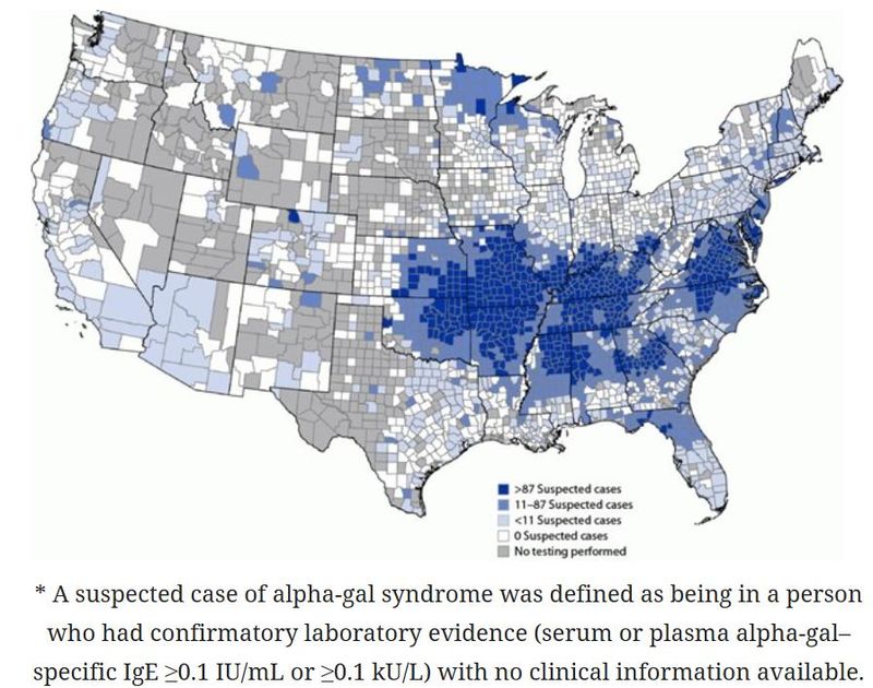 Geographic distribution of suspected alpha-gal syndrome cases* per 1 million population per year — United States, 2017–2022